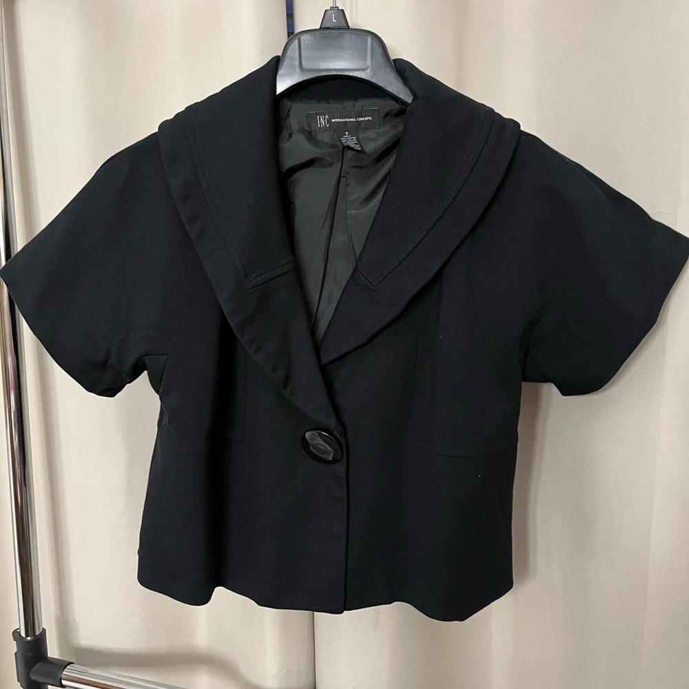 INC International Concepts Black Short Jacket/Blazer Short Sleeve flare back